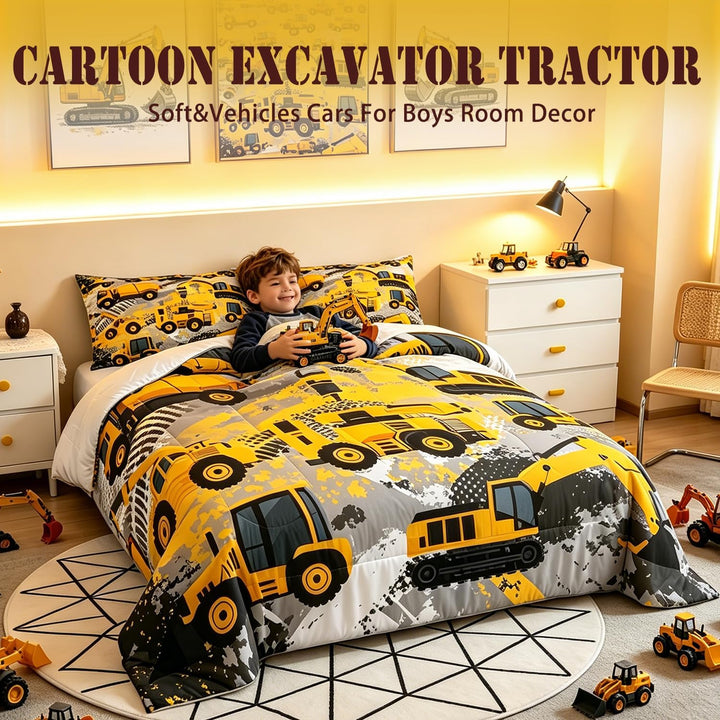 Cartoon Car Bedding Set Twin Size Kids Construction Vehicles Comforter for Kids Children Cartoon Machinery Truck Comforter Set Construction Site Cars Duvet Set 2Pcs - Just Closeouts Canada Inc.X002RXVYS1