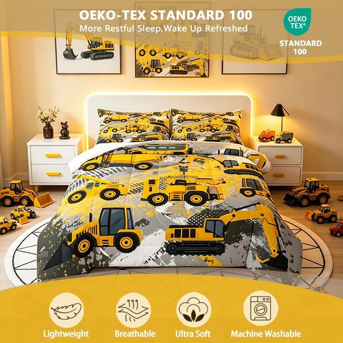 Cartoon Car Bedding Set Twin Size Kids Construction Vehicles Comforter for Kids Children Cartoon Machinery Truck Comforter Set Construction Site Cars Duvet Set 2Pcs - Just Closeouts Canada Inc.X002RXVYS1