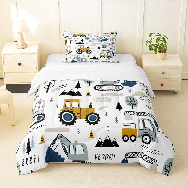 Cartoon Car Kids Comforter Set Construction Bedding Set Decor Equipment Trucks Comforter Cartoon Car Excavator Tractor White Yellow Duvet Set Bedroom Quilt Set 2Pcs Twin - Just Closeouts Canada Inc.X003C25KV3