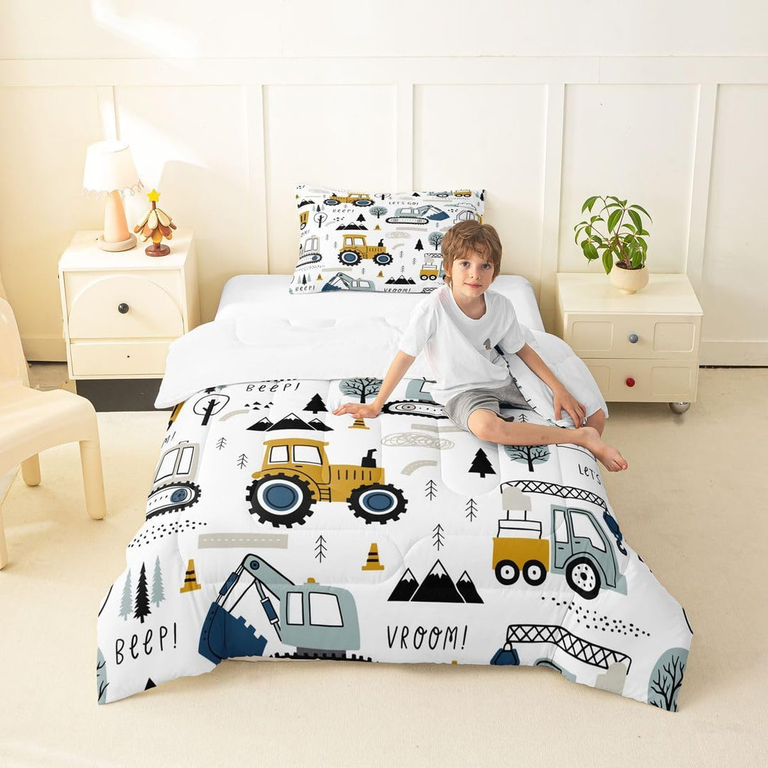 Cartoon Car Kids Comforter Set Construction Bedding Set Decor Equipment Trucks Comforter Cartoon Car Excavator Tractor White Yellow Duvet Set Bedroom Quilt Set 2Pcs Twin - Just Closeouts Canada Inc.X003C25KV3