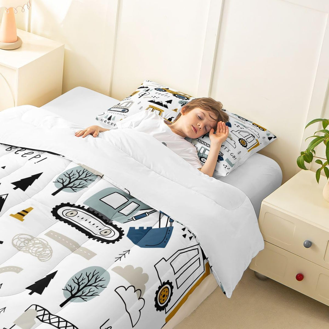 Cartoon Car Kids Comforter Set Construction Bedding Set Decor Equipment Trucks Comforter Cartoon Car Excavator Tractor White Yellow Duvet Set Bedroom Quilt Set 2Pcs Twin - Just Closeouts Canada Inc.X003C25KV3
