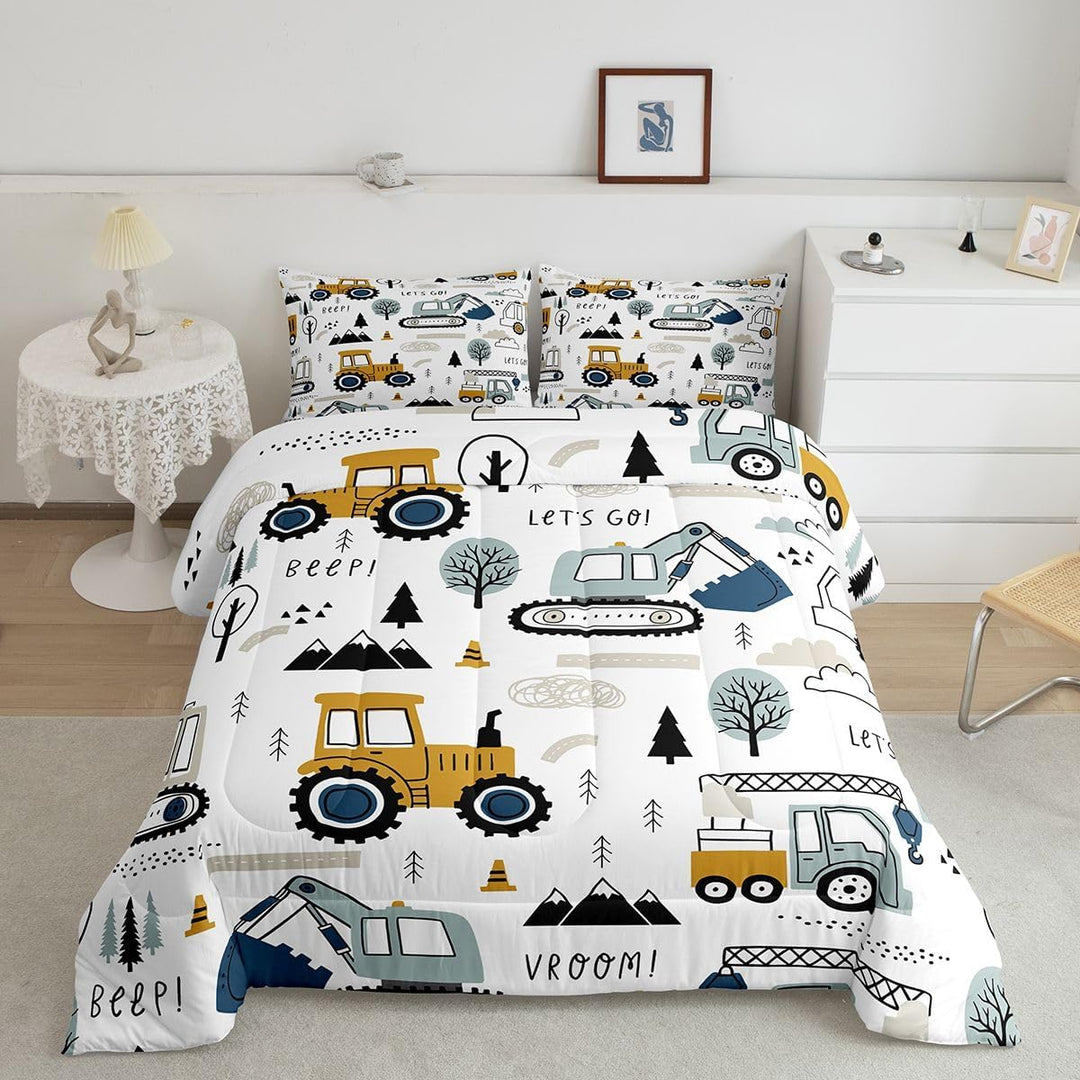 Cartoon Car Kids Comforter Set Construction Bedding Set Decor Equipment Trucks Comforter Cartoon Car Excavator Tractor White Yellow Duvet Set Bedroom Quilt Set 2Pcs Twin - Just Closeouts Canada Inc.X003C25KV3