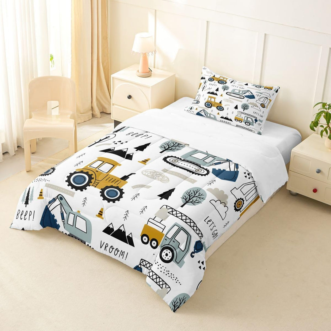 Cartoon Car Kids Comforter Set Construction Bedding Set Decor Equipment Trucks Comforter Cartoon Car Excavator Tractor White Yellow Duvet Set Bedroom Quilt Set 2Pcs Twin - Just Closeouts Canada Inc.X003C25KV3