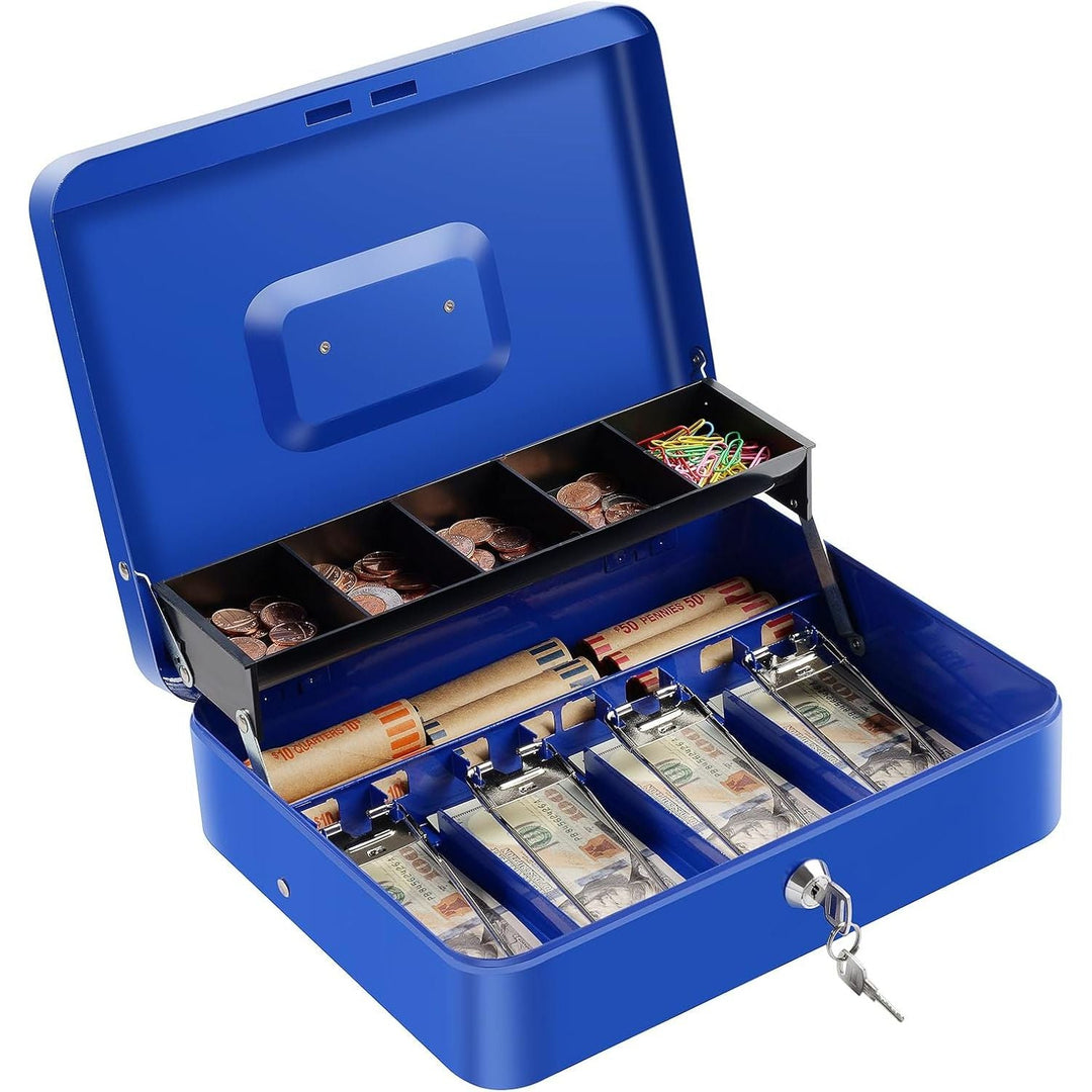 Cash Box with Lock Key and Money Tray - Large Money Box for Cash Register, Metal Lock Box for Money Safe 11.8" x 9.4" x 3.54" Blue - Just Closeouts Canada Inc.