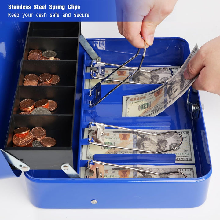 Cash Box with Lock Key and Money Tray - Large Money Box for Cash Register, Metal Lock Box for Money Safe 11.8" x 9.4" x 3.54" Blue - Just Closeouts Canada Inc.