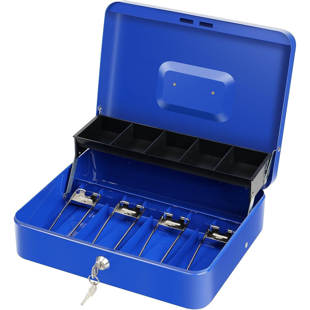 Cash Box with Lock Key and Money Tray - Large Money Box for Cash Register, Metal Lock Box for Money Safe 11.8" x 9.4" x 3.54" Blue - Just Closeouts Canada Inc.