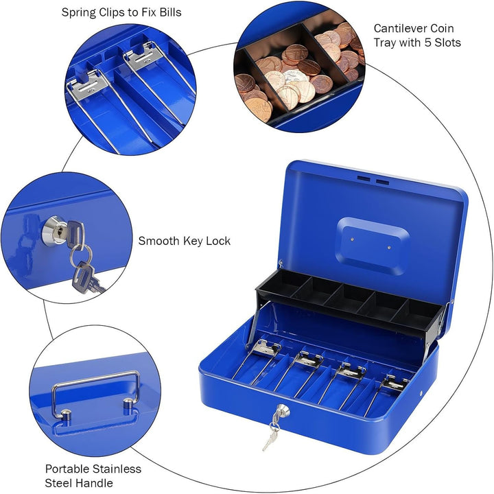 Cash Box with Lock Key and Money Tray - Large Money Box for Cash Register, Metal Lock Box for Money Safe 11.8" x 9.4" x 3.54" Blue - Just Closeouts Canada Inc.