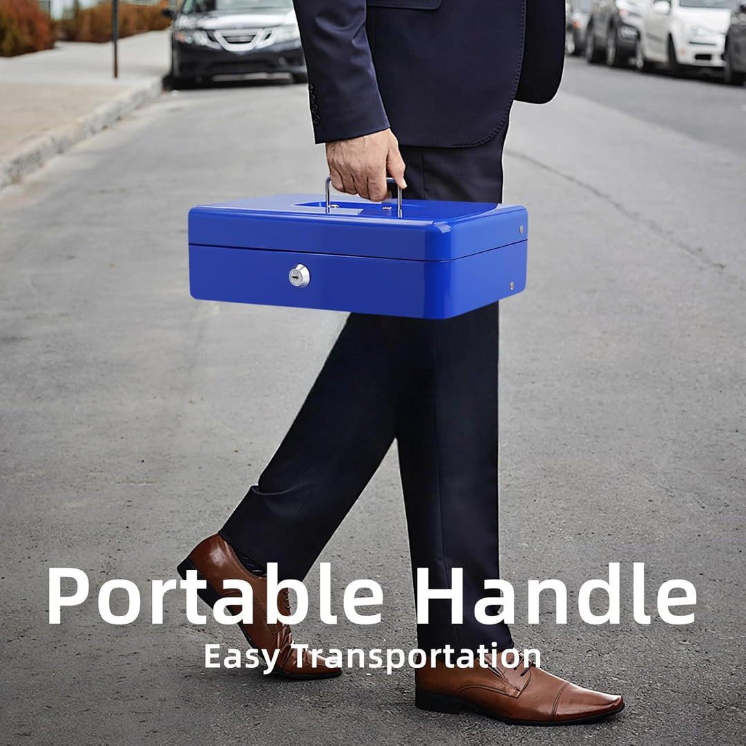 Cash Box with Lock Key and Money Tray - Large Money Box for Cash Register, Metal Lock Box for Money Safe 11.8" x 9.4" x 3.54" Blue - Just Closeouts Canada Inc.