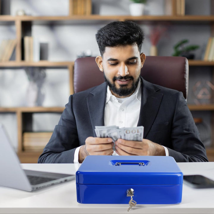Cash Box with Lock Key and Money Tray - Large Money Box for Cash Register, Metal Lock Box for Money Safe 11.8" x 9.4" x 3.54" Blue - Just Closeouts Canada Inc.