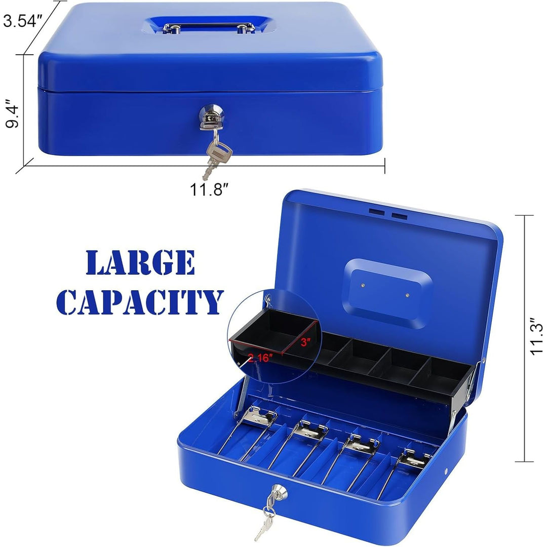 Cash Box with Lock Key and Money Tray - Large Money Box for Cash Register, Metal Lock Box for Money Safe 11.8" x 9.4" x 3.54" Blue - Just Closeouts Canada Inc.