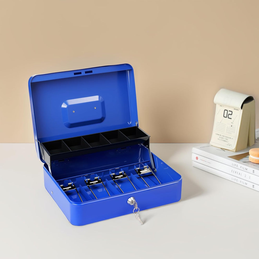 Cash Box with Lock Key and Money Tray - Large Money Box for Cash Register, Metal Lock Box for Money Safe 11.8" x 9.4" x 3.54" Blue - Just Closeouts Canada Inc.