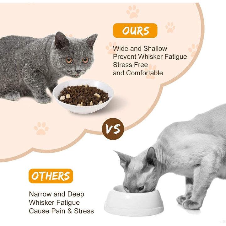 Ceramic Cat Food Bowl Set - Wide Shallow Cat Bowl for Whisker Fatigue Relief - Cute Cat Feeding Bowls - Flat Cat Dish - Cat Plates - Microwave and Dishwasher Safe - 6 Pack - 8.5 oz - 5.75 inch - White - Just Closeouts Canada Inc.