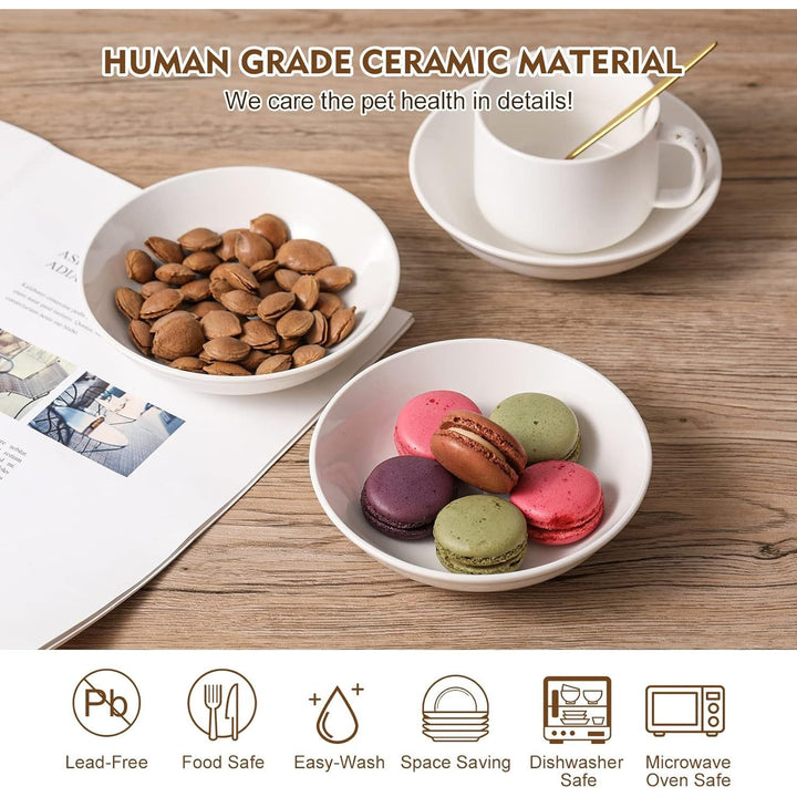 Ceramic Cat Food Bowl Set - Wide Shallow Cat Bowl for Whisker Fatigue Relief - Cute Cat Feeding Bowls - Flat Cat Dish - Cat Plates - Microwave and Dishwasher Safe - 6 Pack - 8.5 oz - 5.75 inch - White - Just Closeouts Canada Inc.