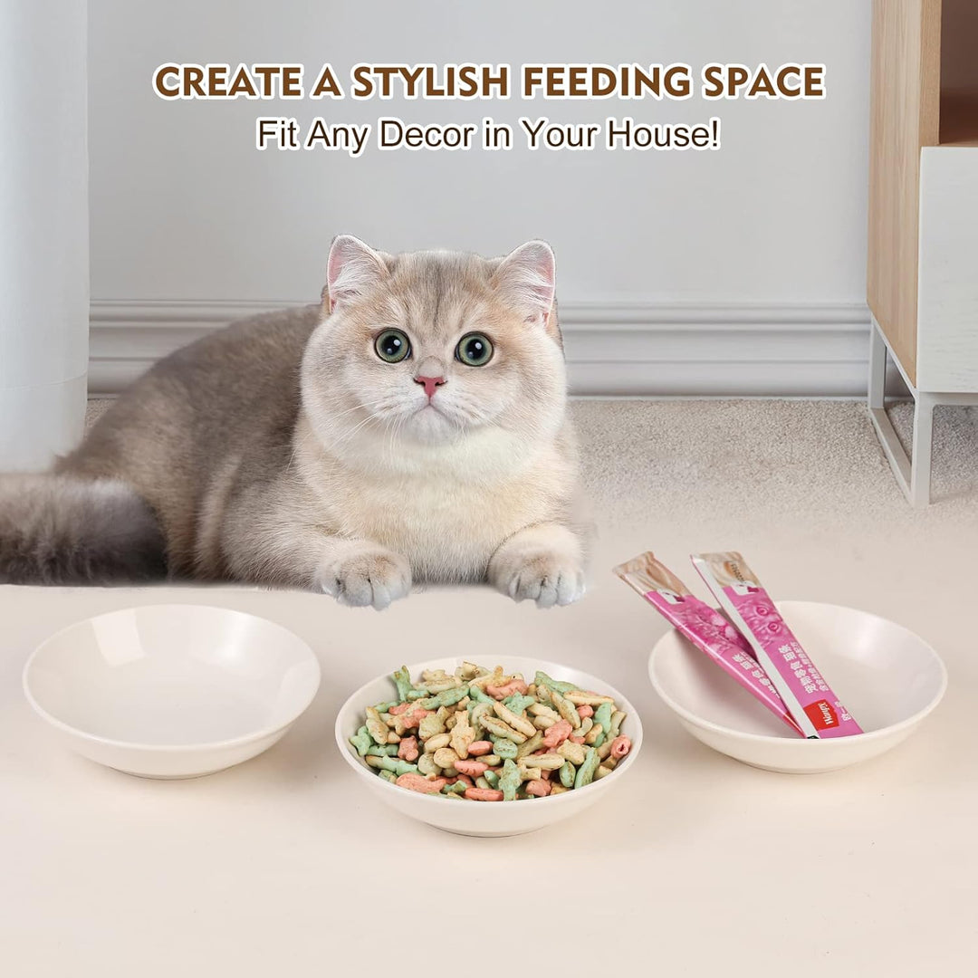 Ceramic Cat Food Bowl Set - Wide Shallow Cat Bowl for Whisker Fatigue Relief - Cute Cat Feeding Bowls - Flat Cat Dish - Cat Plates - Microwave and Dishwasher Safe - 6 Pack - 8.5 oz - 5.75 inch - White - Just Closeouts Canada Inc.