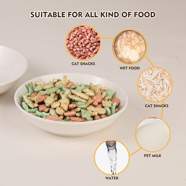 Ceramic Cat Food Bowl Set - Wide Shallow Cat Bowl for Whisker Fatigue Relief - Cute Cat Feeding Bowls - Flat Cat Dish - Cat Plates - Microwave and Dishwasher Safe - 6 Pack - 8.5 oz - 5.75 inch - White - Just Closeouts Canada Inc.