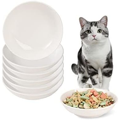 Ceramic Cat Food Bowl Set - Wide Shallow Cat Bowl for Whisker Fatigue Relief - Cute Cat Feeding Bowls - Flat Cat Dish - Cat Plates - Microwave and Dishwasher Safe - 6 Pack - 8.5 oz - 5.75 inch - White - Just Closeouts Canada Inc.
