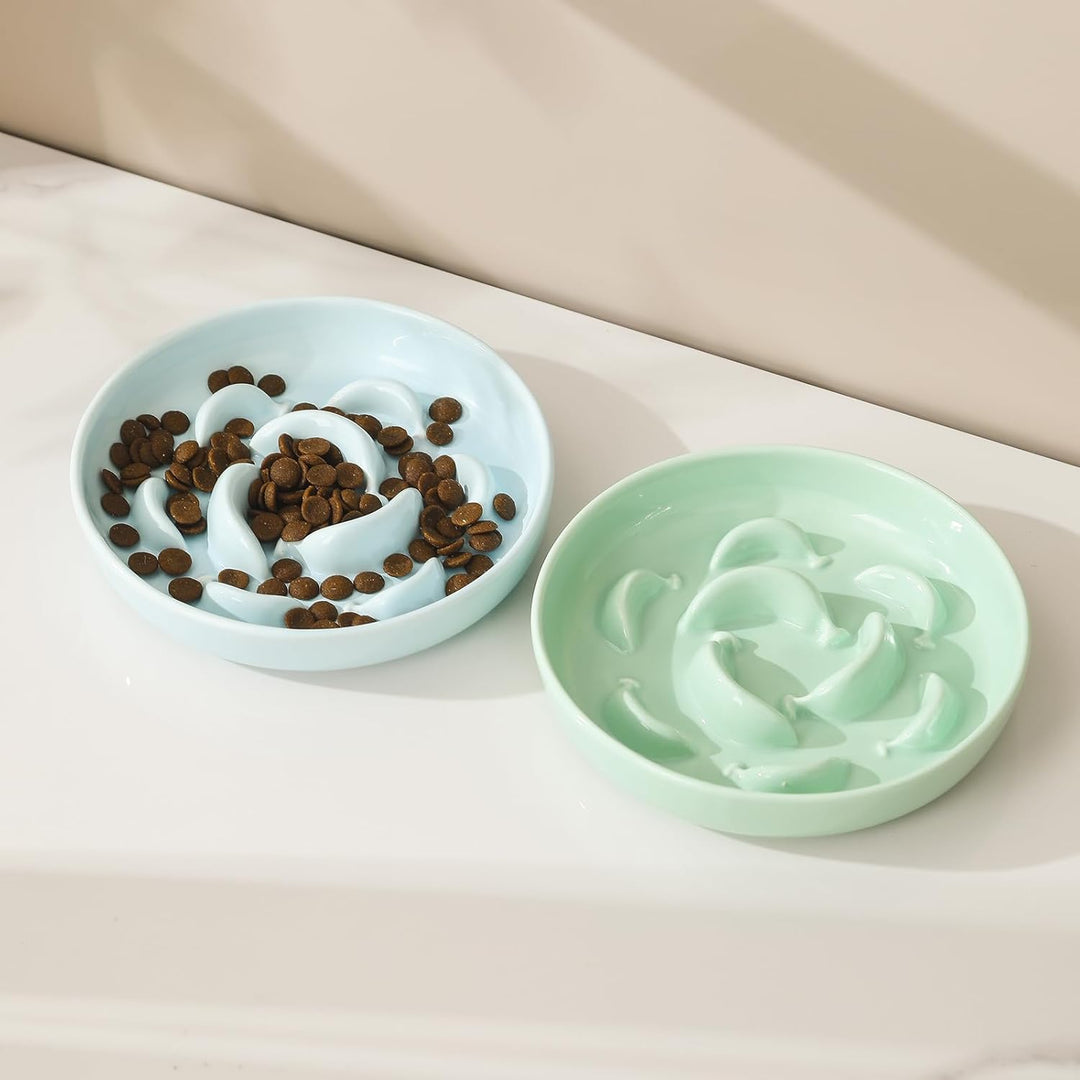 Ceramic Cat Slow Feeder Bowl - Pastel Series Cat Plate for Dry and Wet Food - Cute Maze Feeder Dish for Healthy Eating - Dishwasher Safe - 6.3''W x 1.2''H - 7 OZ - Pale Blue - Just Closeouts Canada Inc.X0047SMH9J