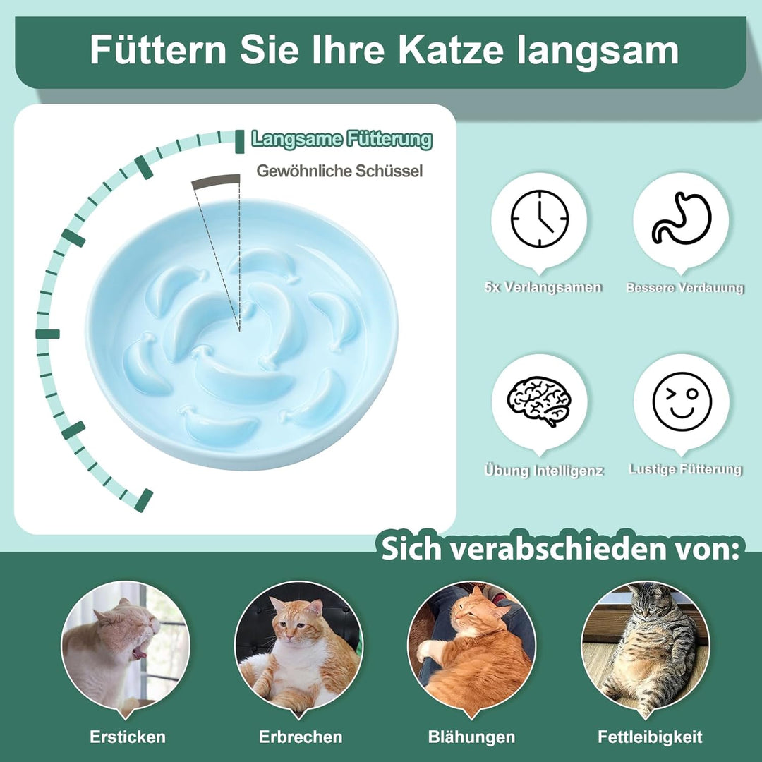 Ceramic Cat Slow Feeder Bowl - Pastel Series Cat Plate for Dry and Wet Food - Cute Maze Feeder Dish for Healthy Eating - Dishwasher Safe - 6.3''W x 1.2''H - 7 OZ - Pale Blue - Just Closeouts Canada Inc.X0047SMH9J