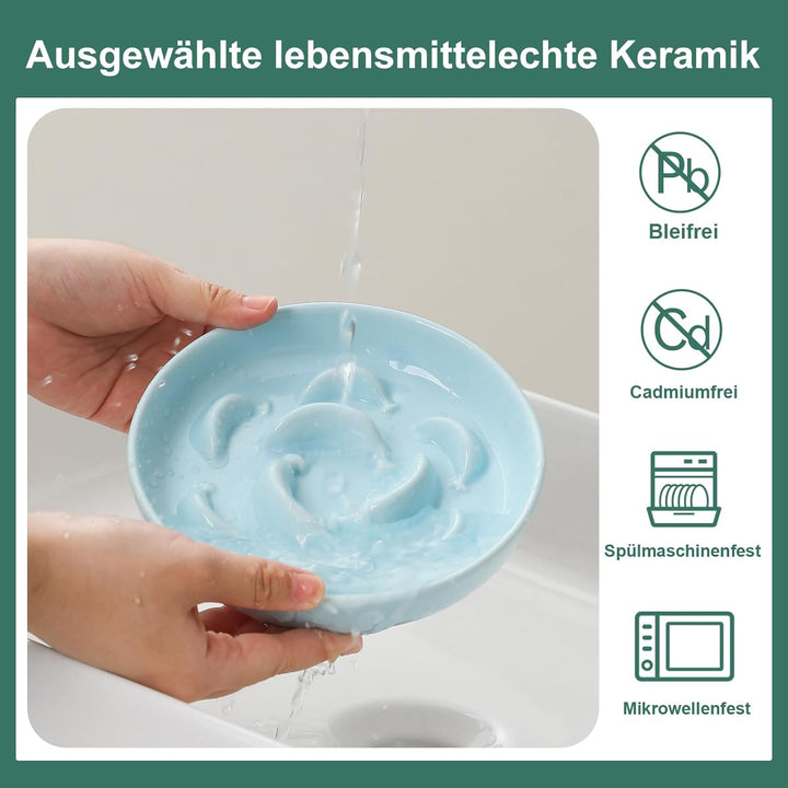 Ceramic Cat Slow Feeder Bowl - Pastel Series Cat Plate for Dry and Wet Food - Cute Maze Feeder Dish for Healthy Eating - Dishwasher Safe - 6.3''W x 1.2''H - 7 OZ - Pale Blue - Just Closeouts Canada Inc.X0047SMH9J