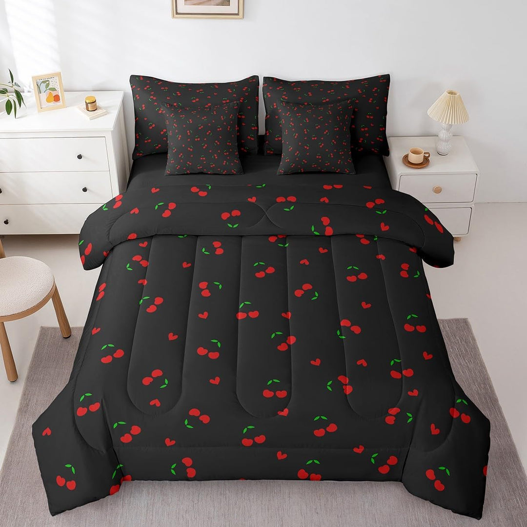 Cherry Bed in A Bag Queen Size, Cherry Pattern 7 Pieces Bedding Set Cute Fruit Comforter Set with Sheets Boys Girls Kawaii Cartoon Fruit Teens Bed Set Bedroom Decor 7Pcs - Just Closeouts Canada Inc.X004KRRI41