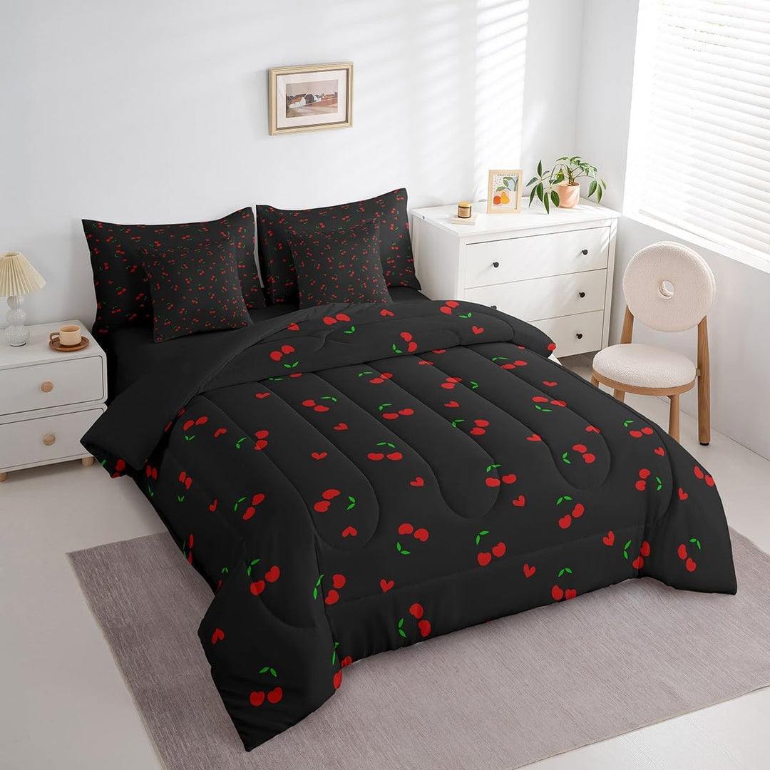 Cherry Bed in A Bag Queen Size, Cherry Pattern 7 Pieces Bedding Set Cute Fruit Comforter Set with Sheets Boys Girls Kawaii Cartoon Fruit Teens Bed Set Bedroom Decor 7Pcs - Just Closeouts Canada Inc.X004KRRI41