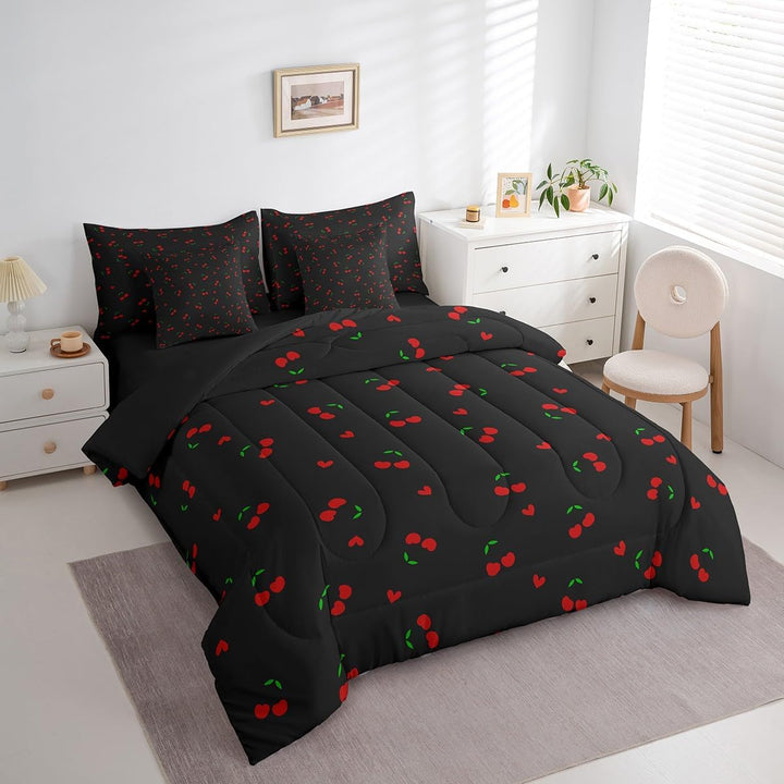Cherry Bed in A Bag Queen Size, Cherry Pattern 7 Pieces Bedding Set Cute Fruit Comforter Set with Sheets Boys Girls Kawaii Cartoon Fruit Teens Bed Set Bedroom Decor 7Pcs - Just Closeouts Canada Inc.X004KRRI41