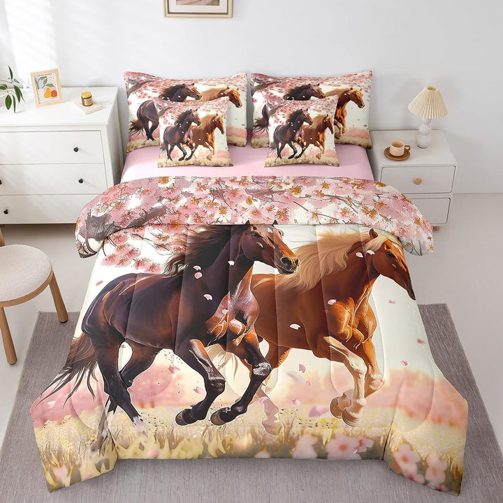 Cherry Blossom Horses Twin 7-Piece Comforter & Sheet Set - Just Closeouts Canada Inc.X004NW1ZOR