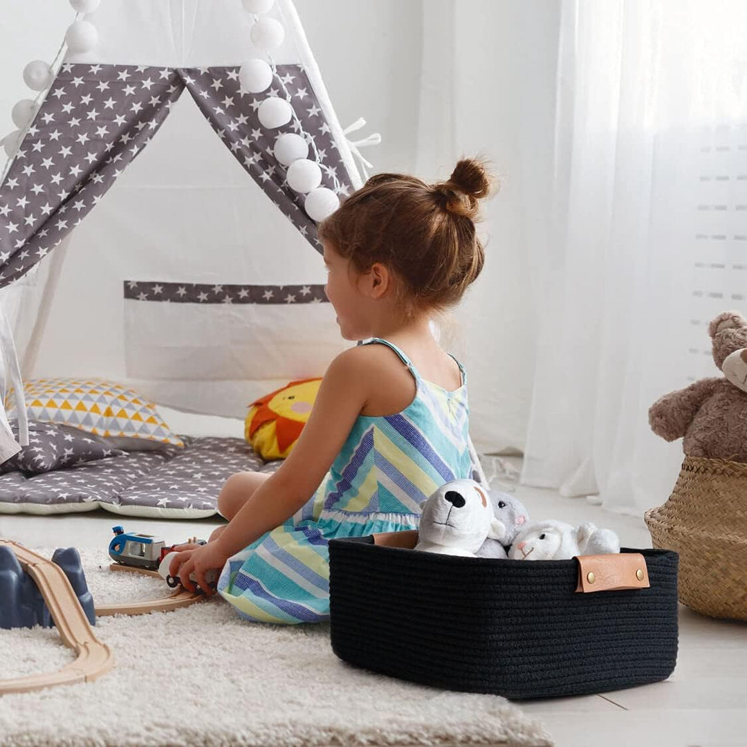 Cherrynow Square Cotton Rope Basket with Handles for Books, Magazines, Toys, Decorative Rectangle Woven Storage Basket for Baby Nursery, Living Room, Bathroom, Black - Just Closeouts Canada Inc.