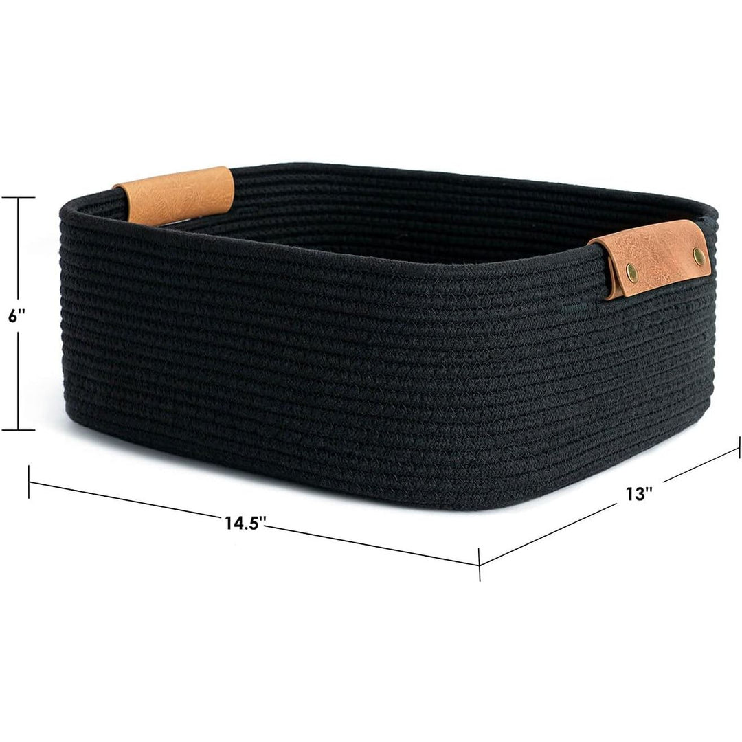 Cherrynow Square Cotton Rope Basket with Handles for Books, Magazines, Toys, Decorative Rectangle Woven Storage Basket for Baby Nursery, Living Room, Bathroom, Black - Just Closeouts Canada Inc.