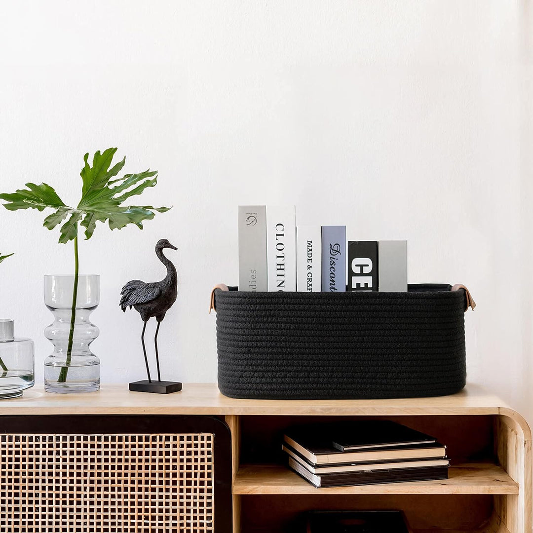 Cherrynow Square Cotton Rope Basket with Handles for Books, Magazines, Toys, Decorative Rectangle Woven Storage Basket for Baby Nursery, Living Room, Bathroom, Black - Just Closeouts Canada Inc.