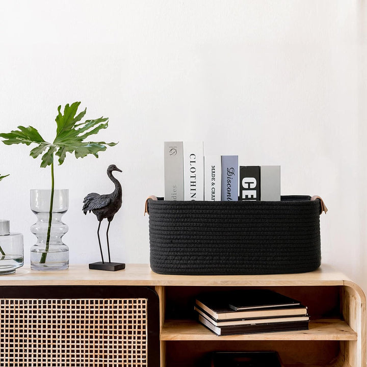 Cherrynow Square Cotton Rope Basket with Handles for Books, Magazines, Toys, Decorative Rectangle Woven Storage Basket for Baby Nursery, Living Room, Bathroom, Black - Just Closeouts Canada Inc.