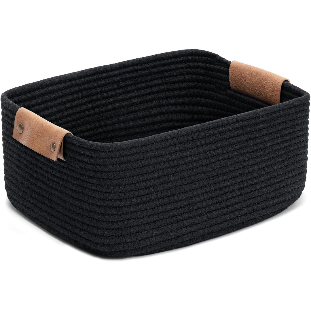 Cherrynow Square Cotton Rope Basket with Handles for Books, Magazines, Toys, Decorative Rectangle Woven Storage Basket for Baby Nursery, Living Room, Bathroom, Black - Just Closeouts Canada Inc.
