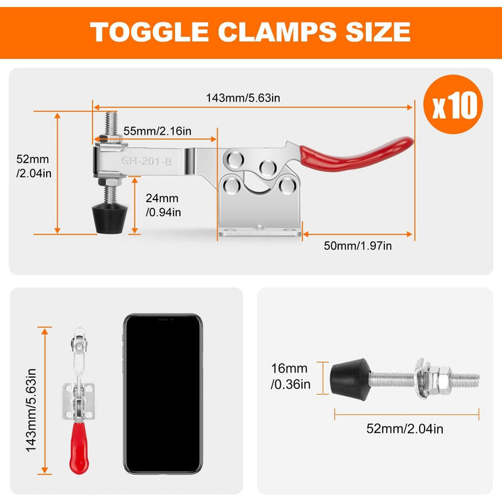 chfine 10 Pack Hold Down Adjustable Toggle Clamp Hand Tool, Woodworking Latch Antislip Red Clamps Holding Capacity Horizontal Heavy Duty Toggle Clamps GH - 201B 220lbs/100kg Quick Release Tool - Just Closeouts Canada Inc.