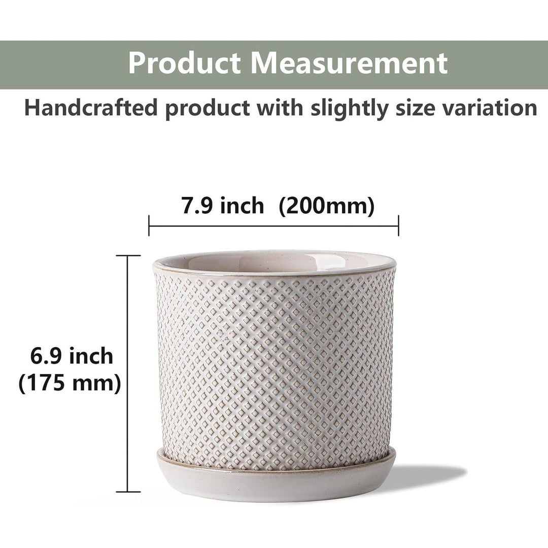 Chubacoo 8 Inch Plant Pots : Ceramic Planter Pot with Drainage Hole & Saucer - Flower Pot for Indoor & Outdoor Plants - Beaded Embossed Design White Planter with Separate Tray - Just Closeouts Canada Inc.