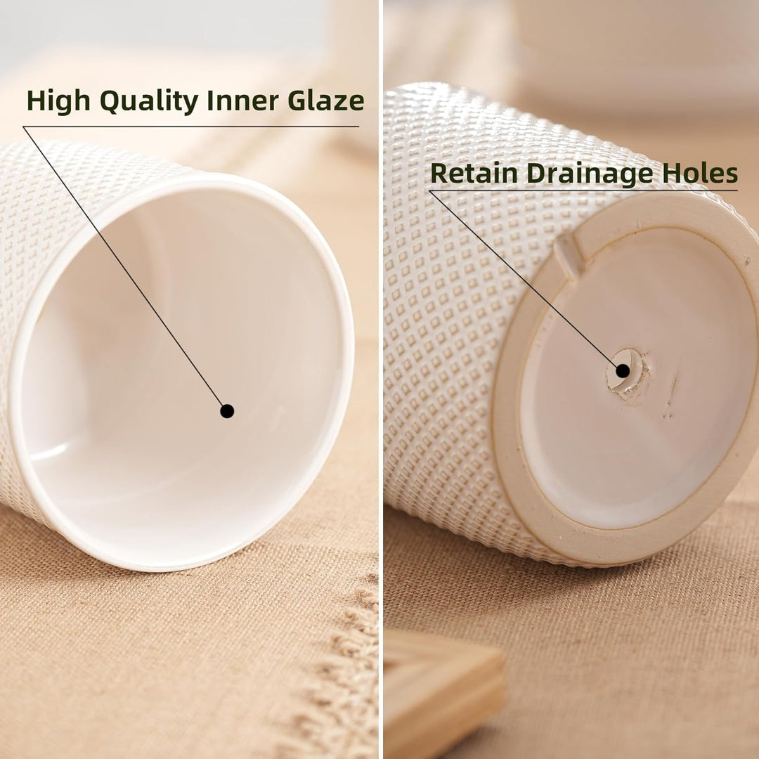 Chubacoo 8 Inch Plant Pots : Ceramic Planter Pot with Drainage Hole & Saucer - Flower Pot for Indoor & Outdoor Plants - Beaded Embossed Design White Planter with Separate Tray - Just Closeouts Canada Inc.