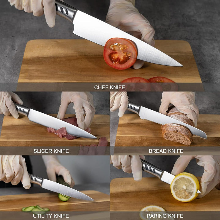 CHUSHIJI Knife Block Set 7 Pieces Cooking Knife Set,Premium Kitchen Knife Set with Block,Stainless Steel Kitchen Knife with Sharpener, Hardwood Brown Chef Knife Set - Just Closeouts Canada Inc.