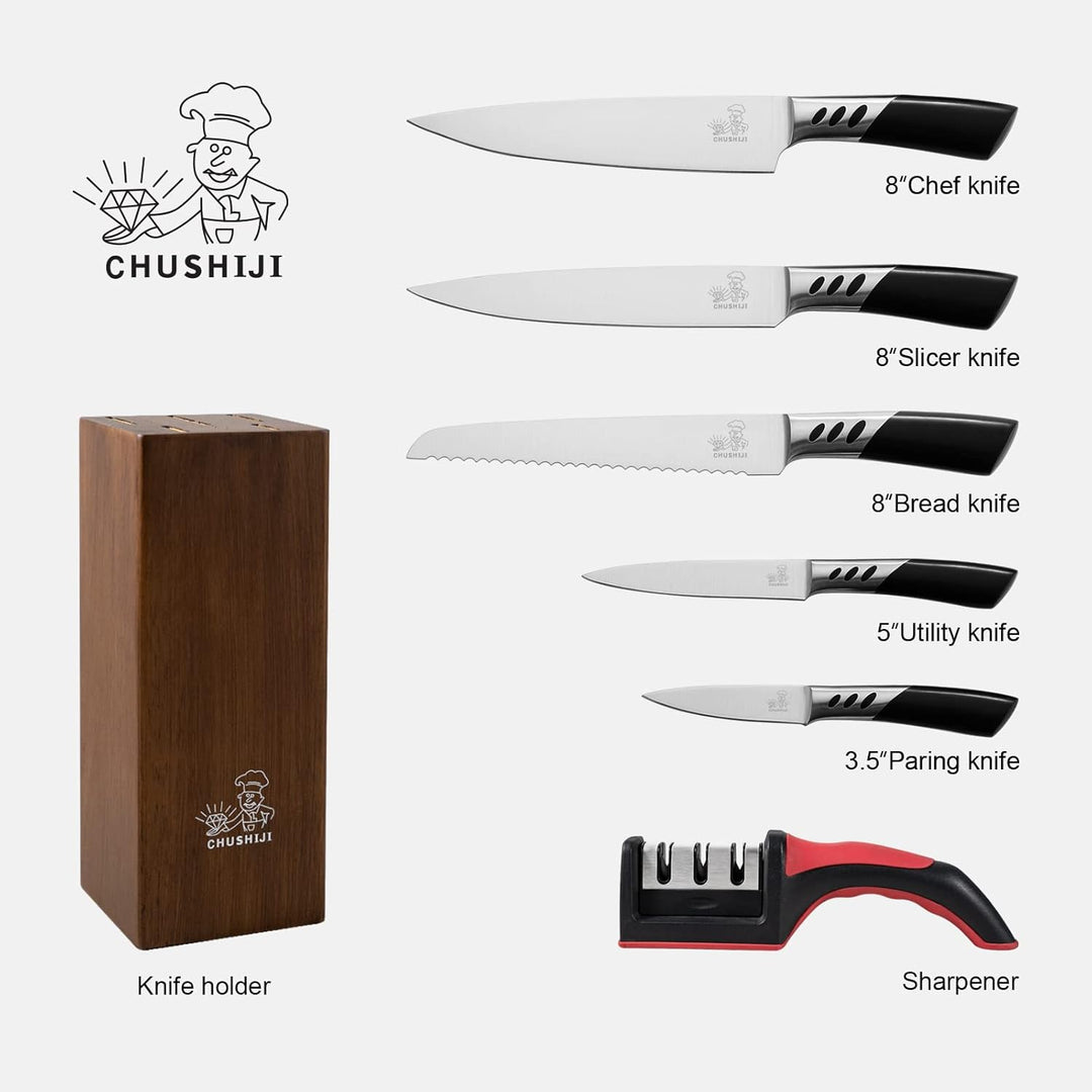 CHUSHIJI Knife Block Set 7 Pieces Cooking Knife Set,Premium Kitchen Knife Set with Block,Stainless Steel Kitchen Knife with Sharpener, Hardwood Brown Chef Knife Set - Just Closeouts Canada Inc.