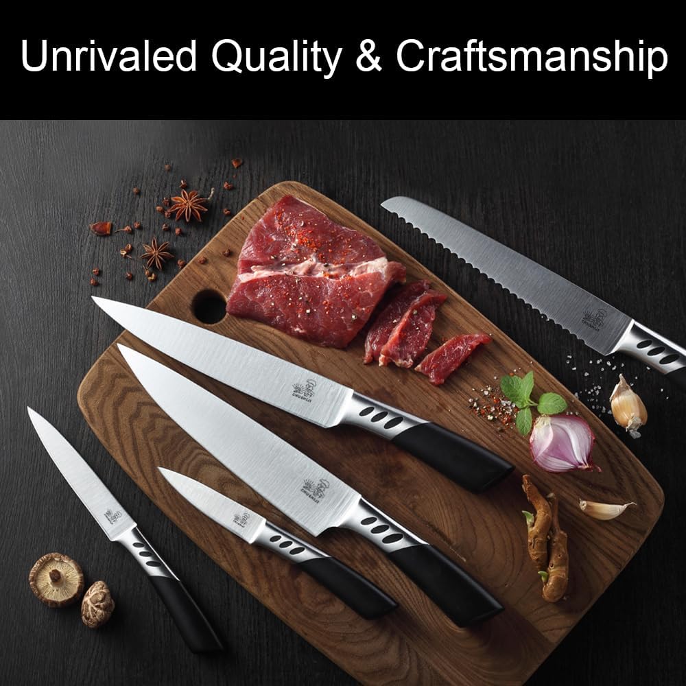 CHUSHIJI Knife Block Set,7 Pieces Knives Set for Kitchen,Knife Set with Block, Premium Stainless Steel Cooking Knife Set for Chef,Hardwood Kitchen Knife Set with Sharpener - Black - Just Closeouts Canada Inc.