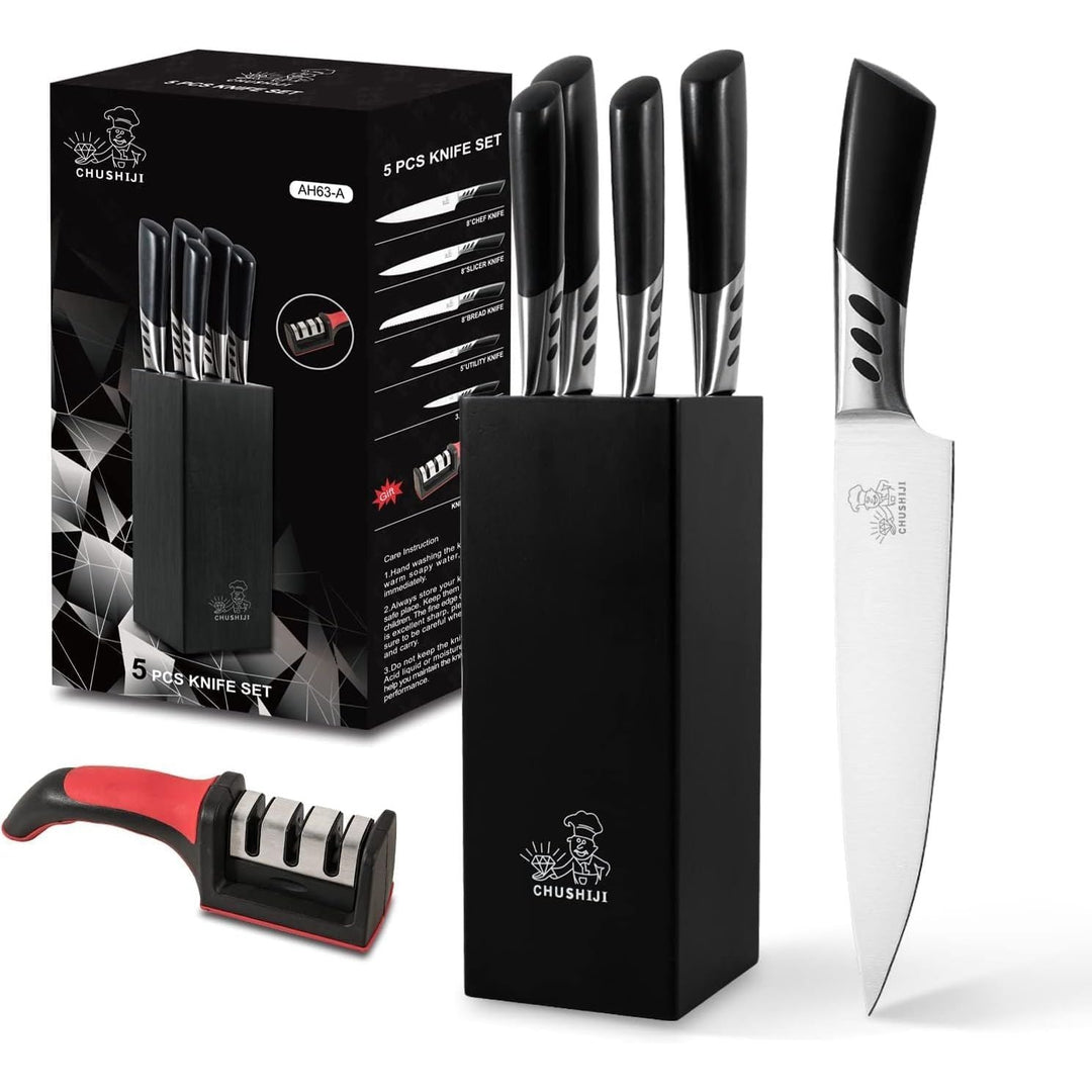 CHUSHIJI Knife Block Set,7 Pieces Knives Set for Kitchen,Knife Set with Block, Premium Stainless Steel Cooking Knife Set for Chef,Hardwood Kitchen Knife Set with Sharpener - Black - Just Closeouts Canada Inc.