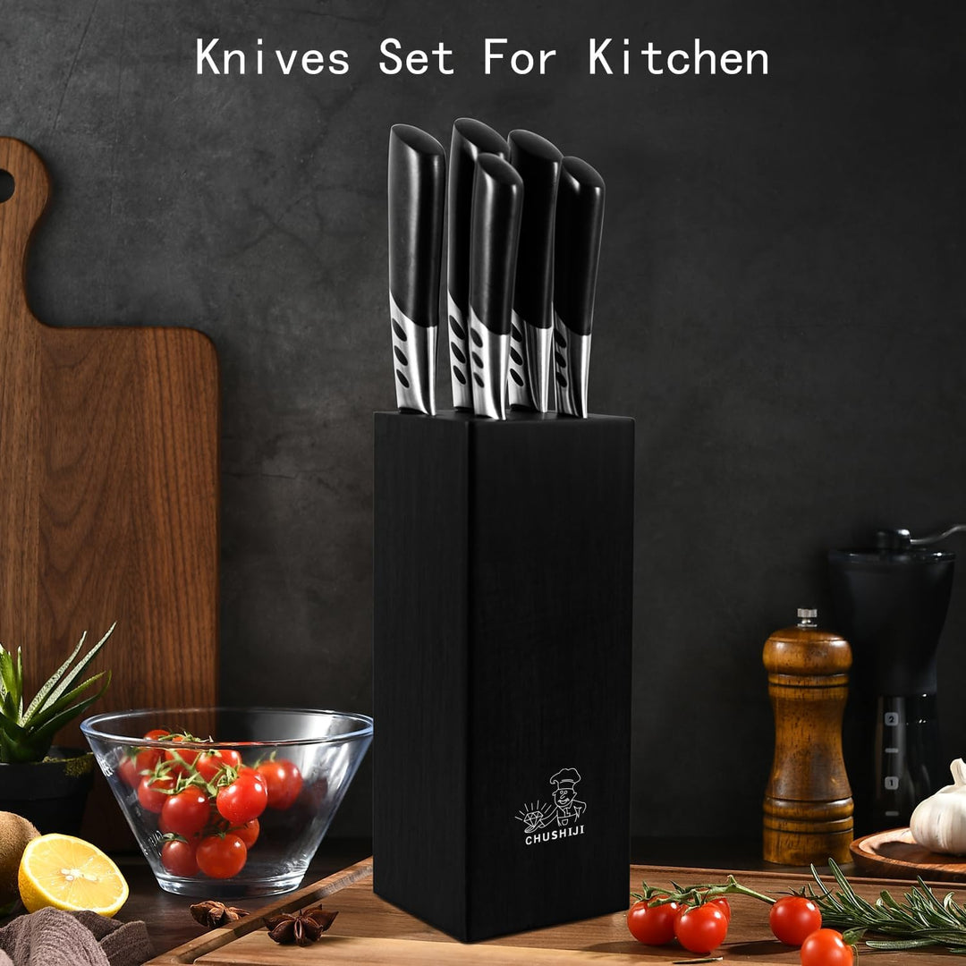 CHUSHIJI Knife Block Set,7 Pieces Knives Set for Kitchen,Knife Set with Block, Premium Stainless Steel Cooking Knife Set for Chef,Hardwood Kitchen Knife Set with Sharpener - Black - Just Closeouts Canada Inc.