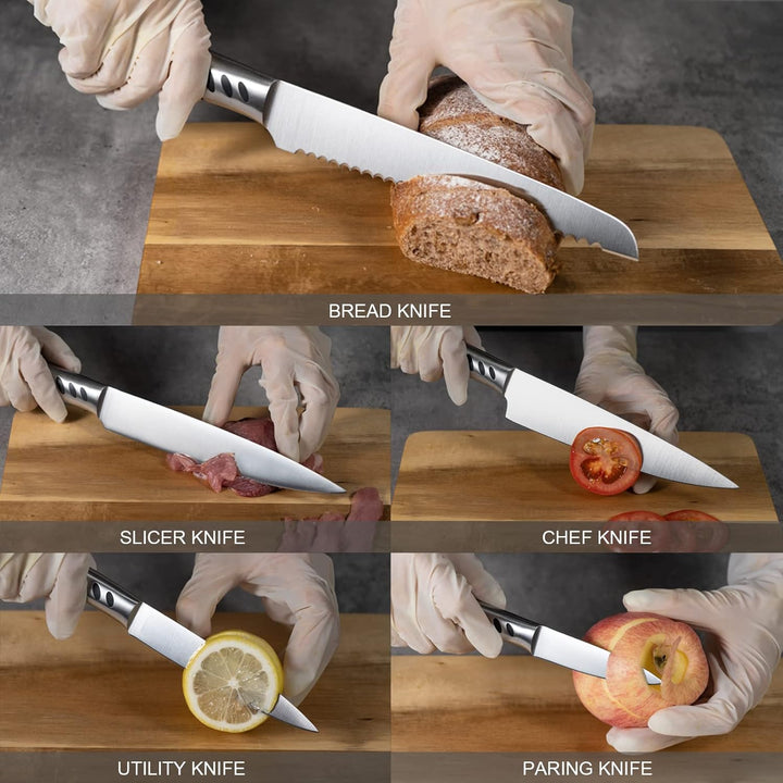 CHUSHIJI Knife Block Set,7 Pieces Knives Set for Kitchen,Knife Set with Block, Premium Stainless Steel Cooking Knife Set for Chef,Hardwood Kitchen Knife Set with Sharpener - Black - Just Closeouts Canada Inc.