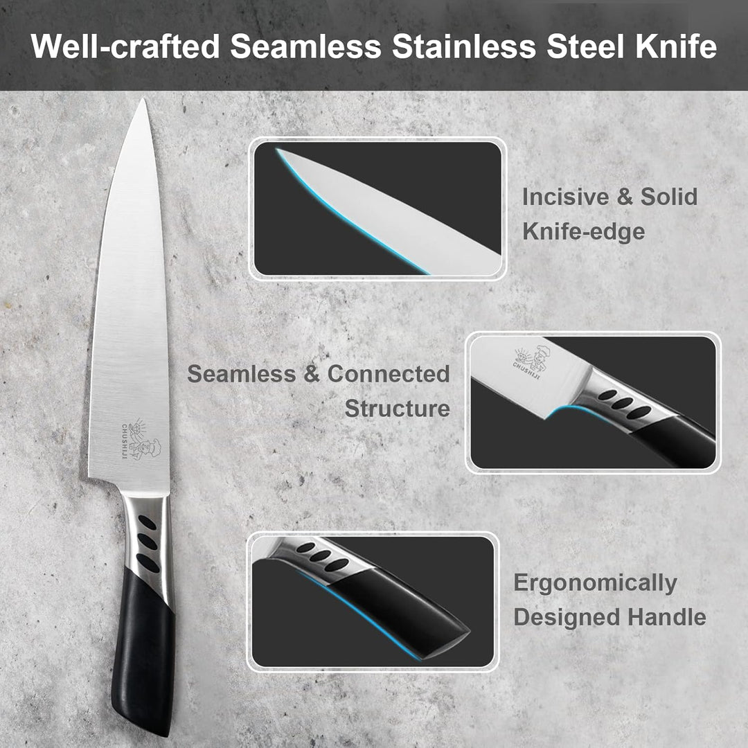 CHUSHIJI Knife Block Set,7 Pieces Knives Set for Kitchen,Knife Set with Block, Premium Stainless Steel Cooking Knife Set for Chef,Hardwood Kitchen Knife Set with Sharpener - Black - Just Closeouts Canada Inc.