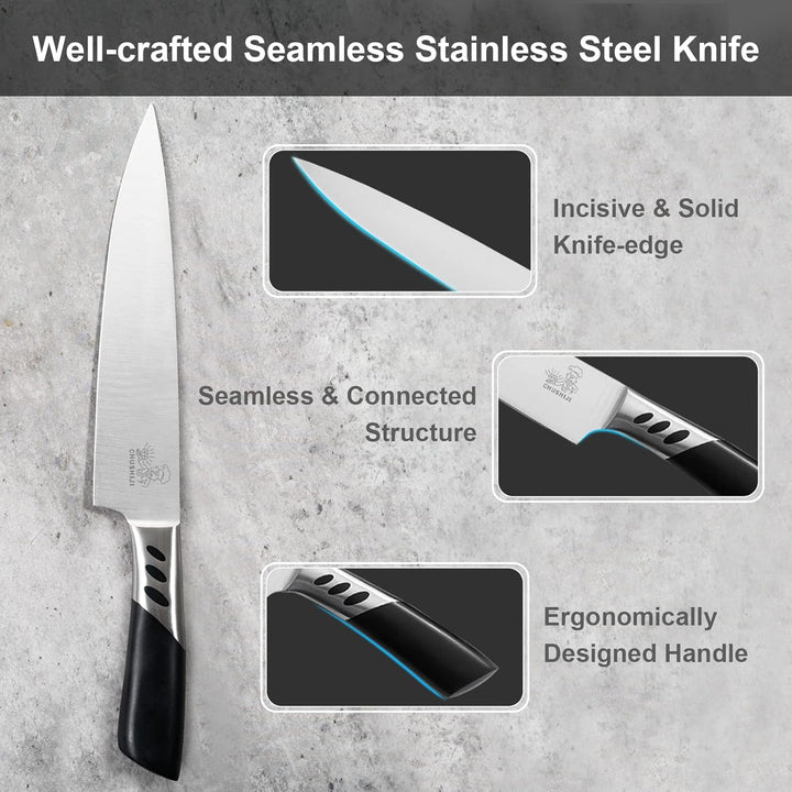 CHUSHIJI Knife Block Set,7 Pieces Knives Set for Kitchen,Knife Set with Block, Premium Stainless Steel Cooking Knife Set for Chef,Hardwood Kitchen Knife Set with Sharpener - Black - Just Closeouts Canada Inc.