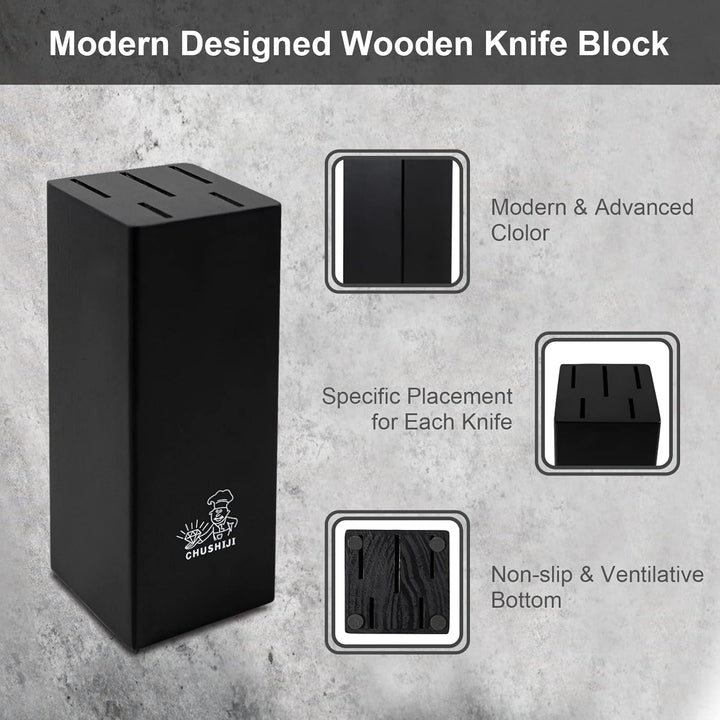 CHUSHIJI Knife Block Set,7 Pieces Knives Set for Kitchen,Knife Set with Block, Premium Stainless Steel Cooking Knife Set for Chef,Hardwood Kitchen Knife Set with Sharpener - Black - Just Closeouts Canada Inc.