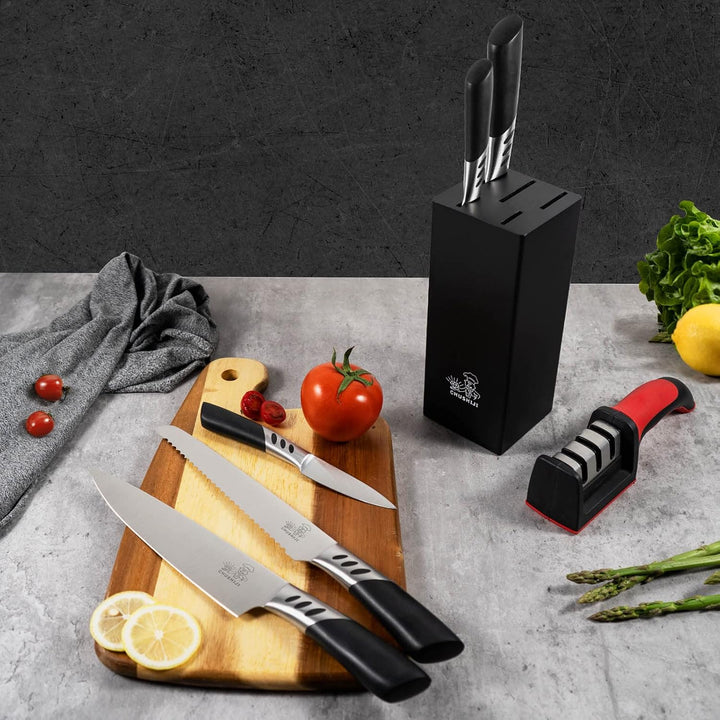 CHUSHIJI Knife Block Set,7 Pieces Knives Set for Kitchen,Knife Set with Block, Premium Stainless Steel Cooking Knife Set for Chef,Hardwood Kitchen Knife Set with Sharpener - Black - Just Closeouts Canada Inc.