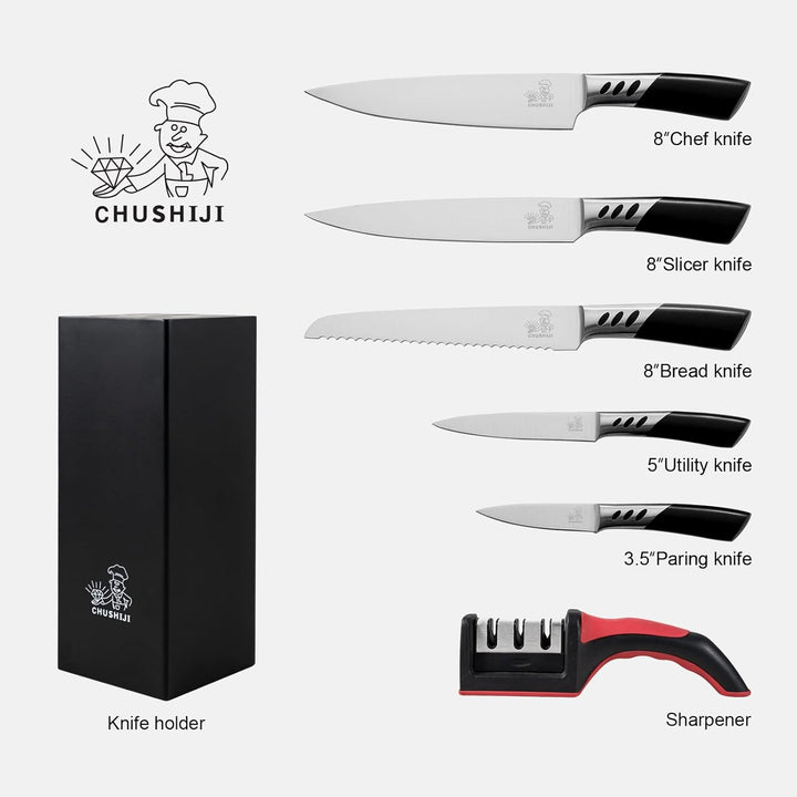 CHUSHIJI Knife Block Set,7 Pieces Knives Set for Kitchen,Knife Set with Block, Premium Stainless Steel Cooking Knife Set for Chef,Hardwood Kitchen Knife Set with Sharpener - Black - Just Closeouts Canada Inc.