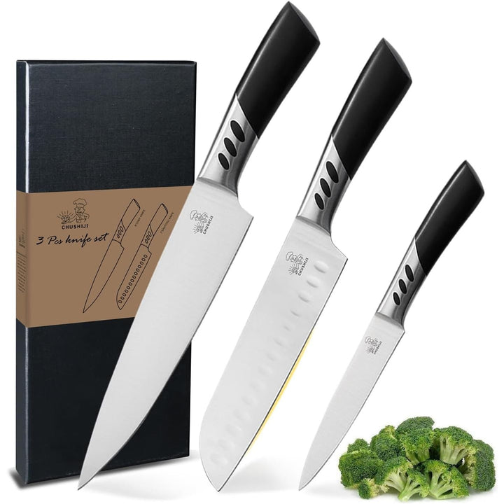 CHUSHIJI Knife Set,3 - Piece Stainless Steel Knife Set, Kitchen Knives Set,Chef Knife Set,8 Inch Chef's Knife,7 Inch Santoku Knife,5 Inch Utility Knife,Kitchen Gadgets for Women & Men with Gift Box - Just Closeouts Canada Inc.