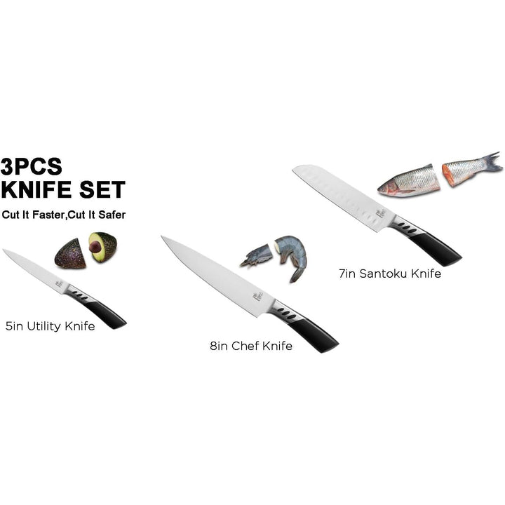 CHUSHIJI Knife Set,3 - Piece Stainless Steel Knife Set, Kitchen Knives Set,Chef Knife Set,8 Inch Chef's Knife,7 Inch Santoku Knife,5 Inch Utility Knife,Kitchen Gadgets for Women & Men with Gift Box - Just Closeouts Canada Inc.