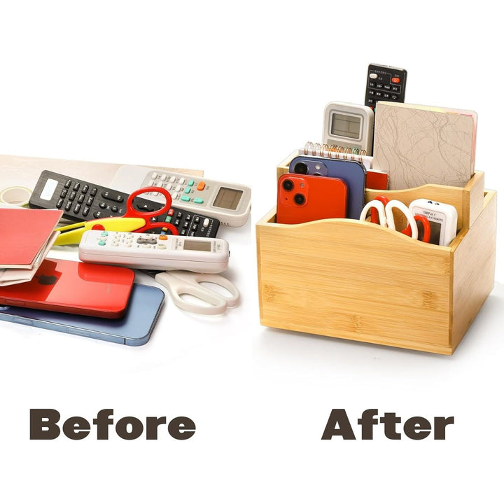 Cididu Bamboo Remote Control Holder, 360 Degree Rotating Remotes Caddy Organizer, 5 Slot Spinning Office Desktop Bedside Organizer Storage for Calculator, Cell Phone, Pen and Other Gadgets - Just Closeouts Canada Inc.