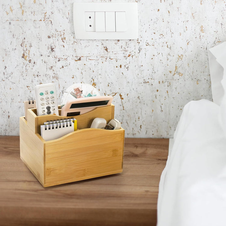 Cididu Bamboo Remote Control Holder, 360 Degree Rotating Remotes Caddy Organizer, 5 Slot Spinning Office Desktop Bedside Organizer Storage for Calculator, Cell Phone, Pen and Other Gadgets - Just Closeouts Canada Inc.